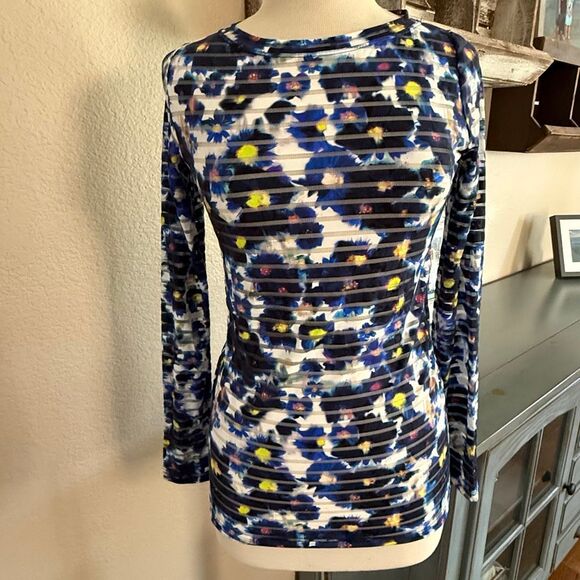 Fuzzi Jean Paul Gaultier Womens Floral Mesh Striped Long Sleeve Top Blue Large - Picture 5 of 11